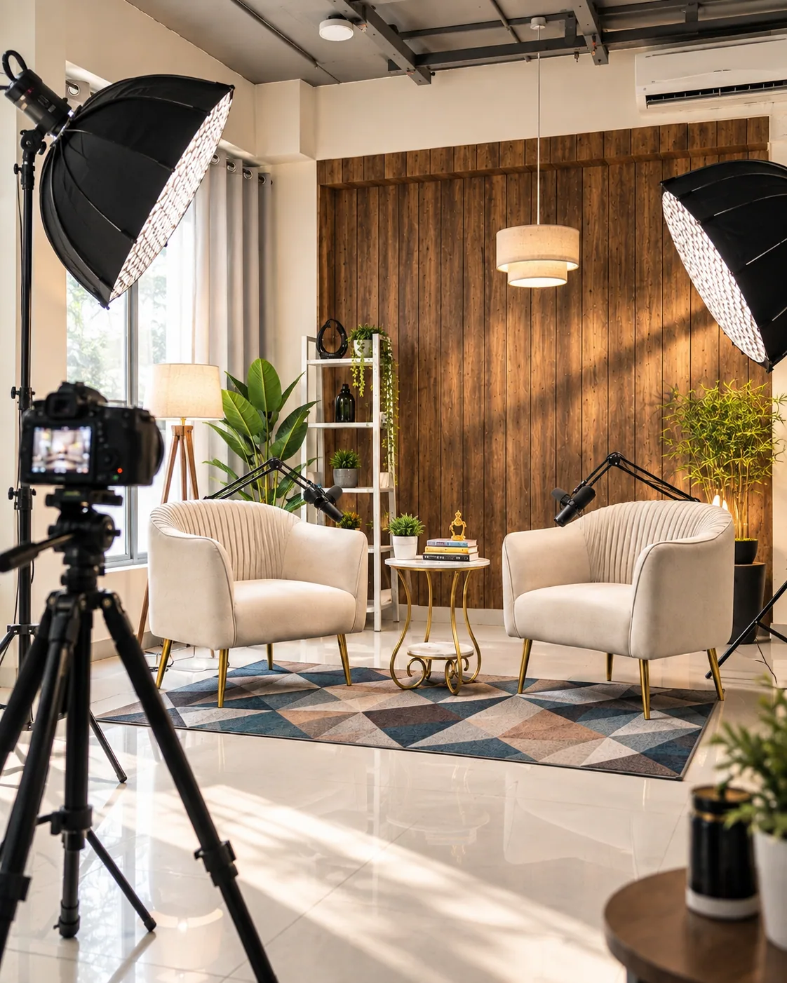 Actual warm wooden backdrop and interview chair at Story & Fame Studio